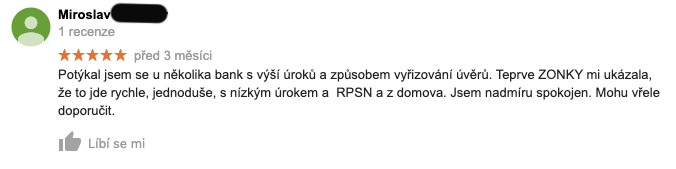 Recenze služby Zonky na Googlu - recenzent Miroslav chválí, že vše vyřídil jednoduše a rychle s nízkým úrokem a RPSN.