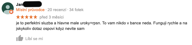 Recenze služby Zonky na Googlu - recenzent Jan chválí, že je služba perfektní a má nízké úroky a RPSN.