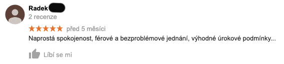 Recenze služby Zonky na Googlu - recenzent Radek chválí, že má služba výhodné úrokové podmínky a férové jednání.