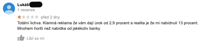 Recenze služby Zonky na Googlu - recenzent Lukáš si stěžuje, že "je to lichva". Byl mu nabídnut úrok 13 % ročně.