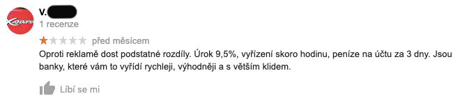 Recenze služby Zonky na Googlu - recenzent V. si stěžuje, že na peníze čekal 3 dny a dostal úrok 9,5 % ročně.