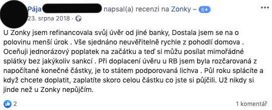 Facebooková recenze služby Zonky - Pája chválí rychlost refinancování úvěru a o polovinu nižší úrok než u své původní banky.