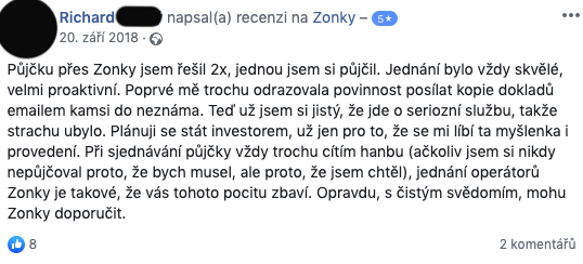Facebooková recenze služby Zonky - Richard chválí skvělé a proaktivní jednání operátorů Zonky. Službu doporučuje.