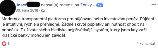 Facebooková recenze služby Zonky - Josef chválí moderní a intuitivní platformu a absenci skrytých poplatků.