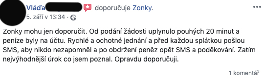 Facebooková recenze služby Zonky - Vláďa chválí rychlost poskytnutí úvěru (20 minut) a upomínací SMS před splátkou.