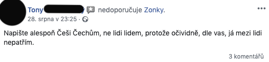 Negativní příspěvek na facebookové stránce Zonky - Tony si stěžuje na slogan reklamy "lidé půjčují lidem".
