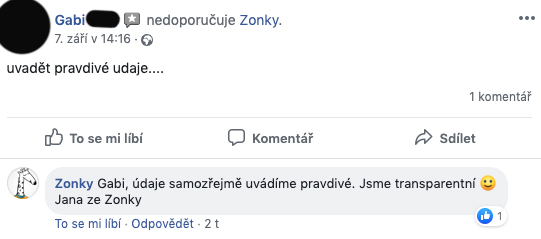 Negativní příspěvek na facebookové stránce Zonky - Gabi píše jen "uvadět pravdivé údaje...." bez dalšího vysvětlení.