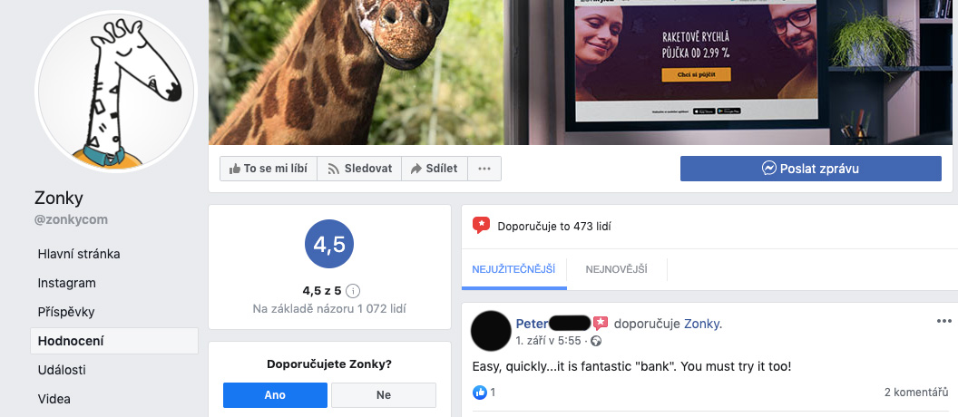 Screenshot facebookové stránky služby Zonky, která zde má celkem 1072 hodnocení s celkovým skóre 4,5 hvězdičky z 5.