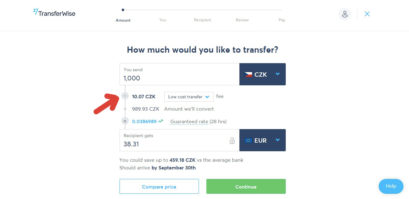 Stránka TransferWise, na které zadáváme první převod - a červená šipka směřující na poplatek za transakci.