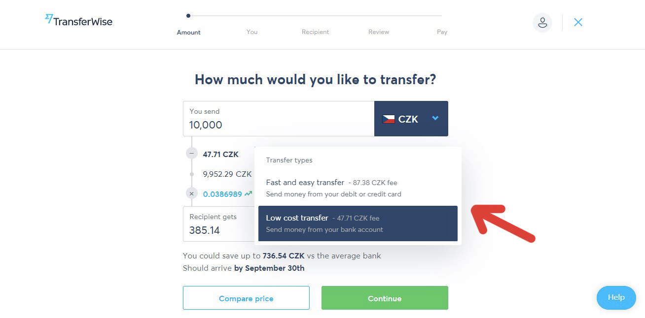Stránka TransferWise, na které zadáváme první převod - a šipka směřující na výběr typu převodu (fast & easy nebo low cost).
