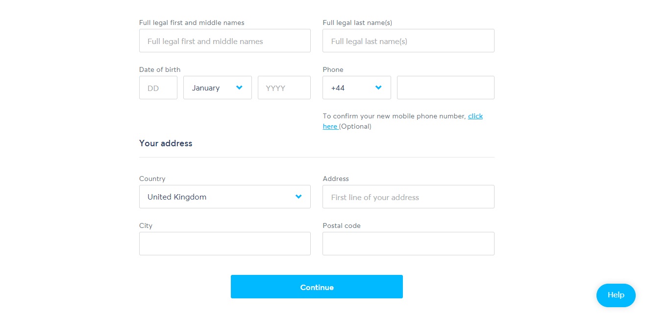 Stránka TransferWise, na které vyplňujeme detaily naší osoby jako je email, telefonní číslo, jméno nebo datum narození.