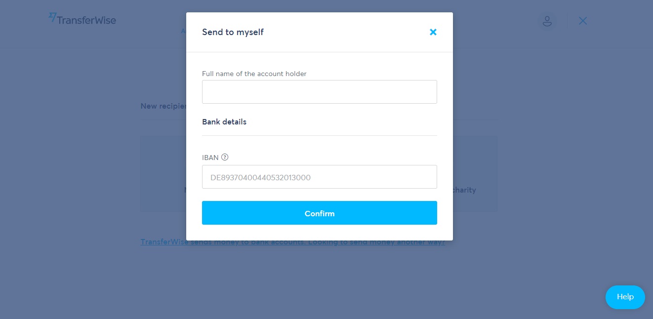 Stránka TransferWise, na které vyplňujeme naše jméno a IBAN, který služba potřebuje pro lepší identifikaci.