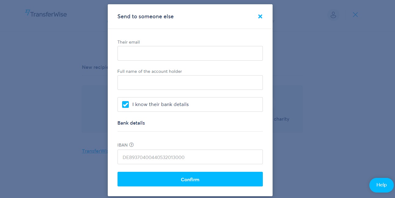 Stránka TransferWise, na které vyplňujeme jméno příjemce a jeho bankovní detaily.