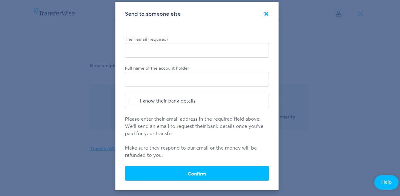 Stránka TransferWise, na které vyplňujeme jméno příjemce a jeho email.