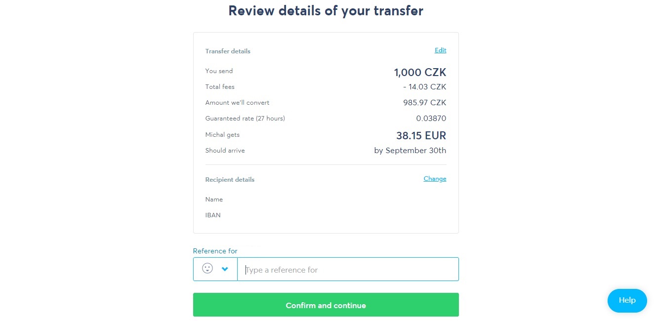 Finální shrnutí detailu převodu na webu TransferWise - jsou tu údaje jako odesílaná částka, poplatek nebo detaily příjemce.