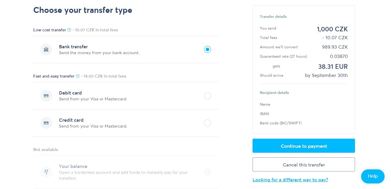 Stránka TransferWise, na které vybíráme mezi „Low cost transfer“ a „Fast and easy transfer“. Oba jsou jinak zpoplatněny.