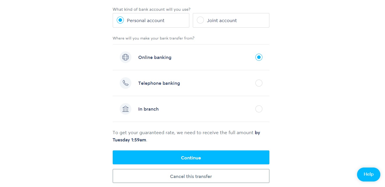 Stránka TransferWise a zaškrtnutý výběr bankovního převodu pro uskutečnění transakce.