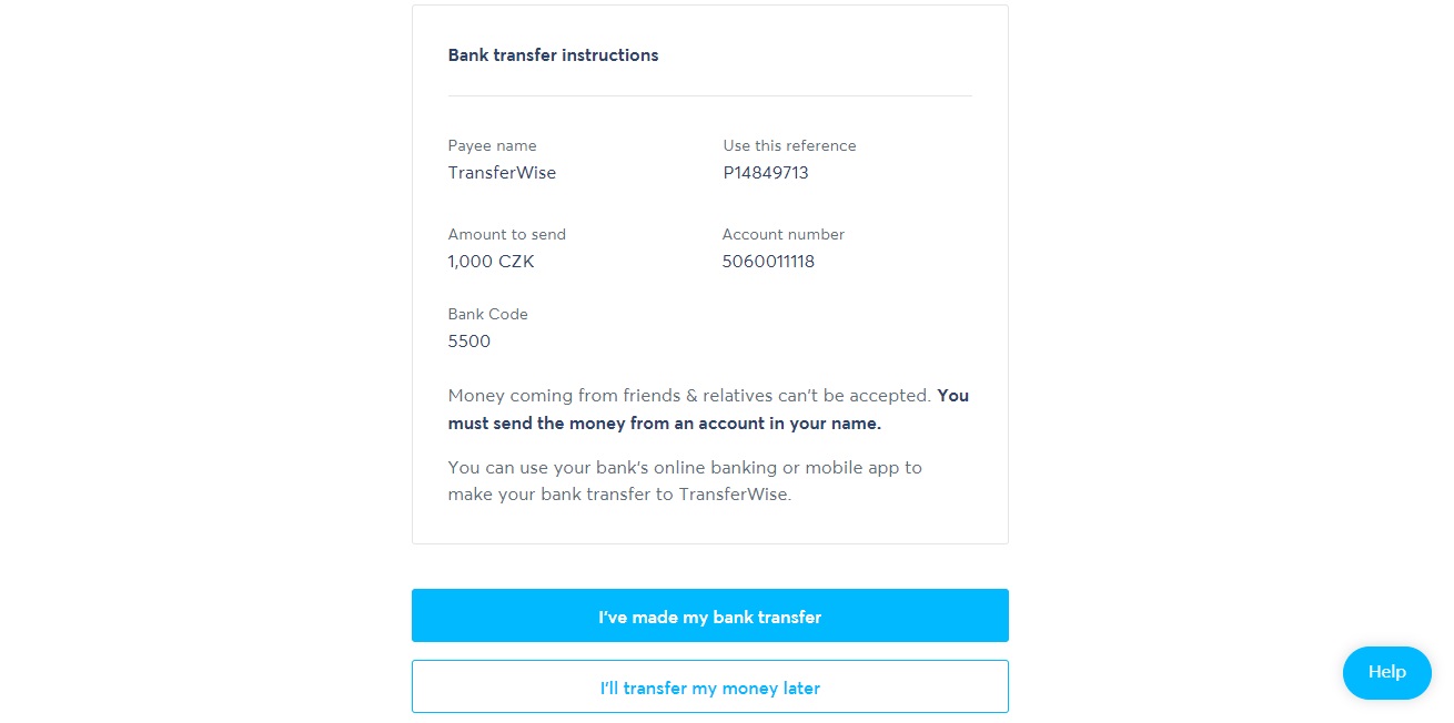 Platební instrukce na webu TransferWise, které se vážou k bankovnímu převodu. Nechybí detaily jako číslo účtu nebo kód banky.