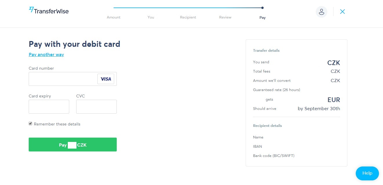 Stránka na webu TransferWise pro platbu kartou. Zadávají se sem detaily jako číslo naší karty, CVC kód nebo expirace karty.
