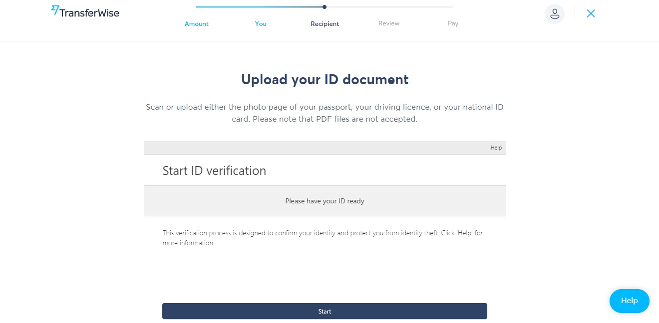 Stránka pro ověření identity na webu TransferWise. Web žádá o potvrzení z bezpečnostních důvodů.