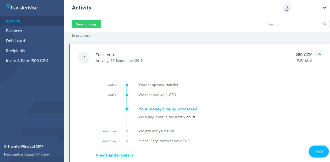 Stránka "Activity" na webu TransferWise, kde můžeme sledovat detailní průběh celého našeho převodu peněz.