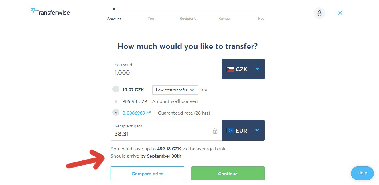 Stránka na webu TransferWise s detaily převodu a červená šipka, která ukazuje na předpokládaný datum vyřízení.