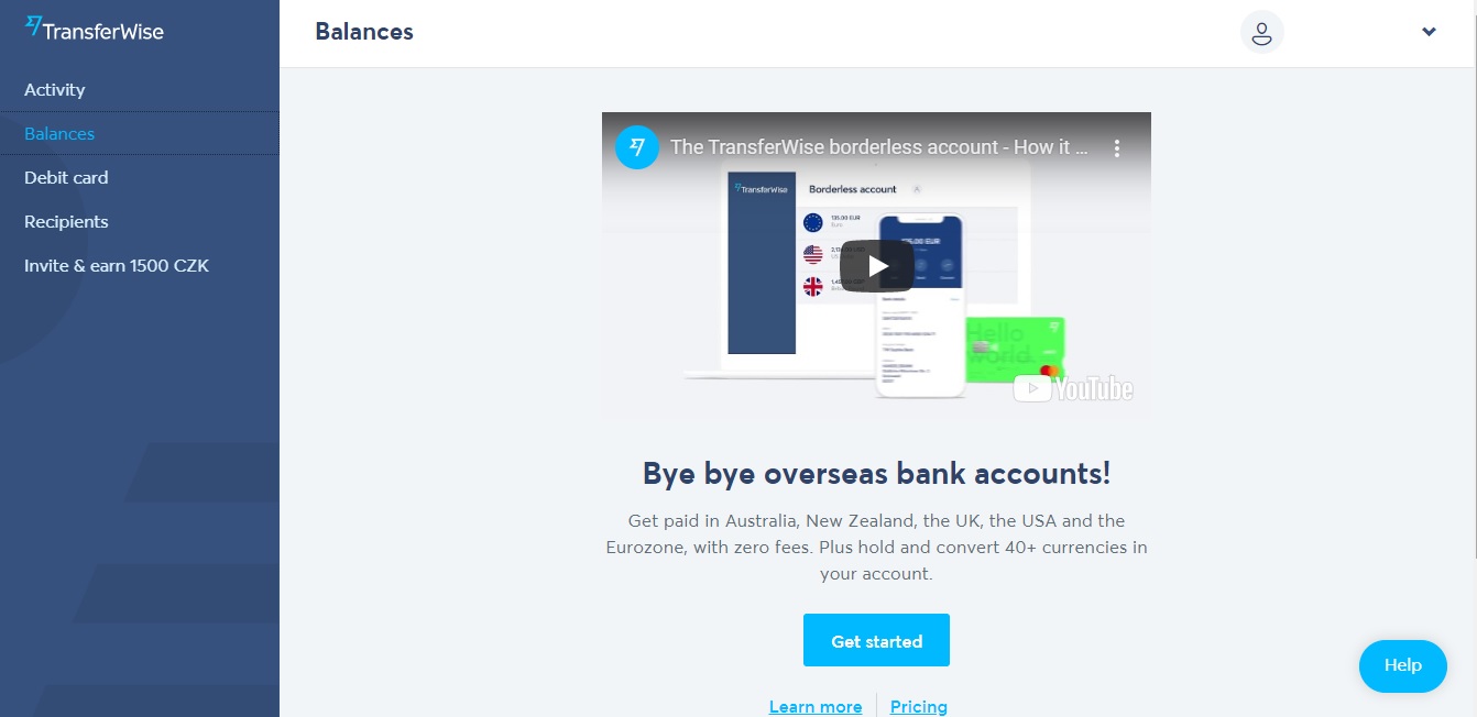 Stránka „Balances“ na webu TransferWise, kde klikneme na modré tlačítko „Get started“ a tím si zřídíme zahraniční účet.