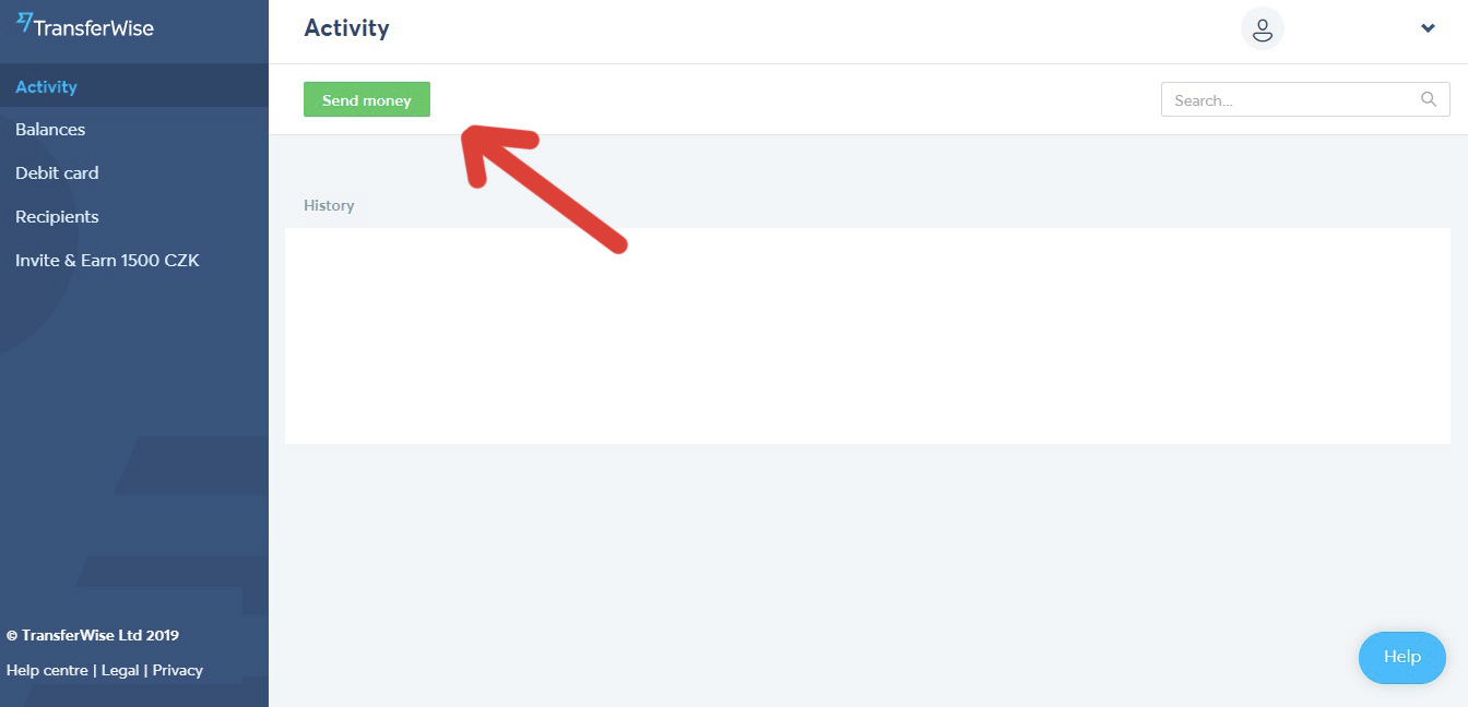 Stránka "Activity" na webu TransferWise a červená šipka, která směřuje na tlačítko "Send money", kterým započne druhý převod.