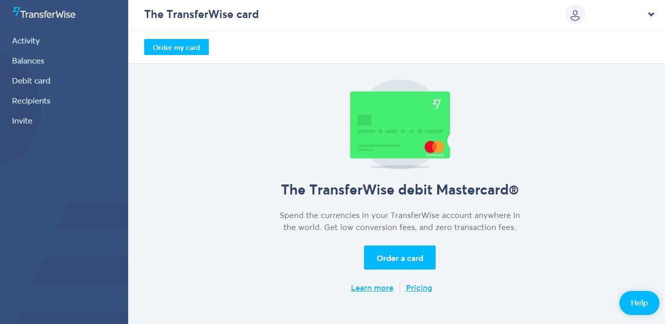 Stránka „Debit card“ na webu TransferWise. Kliknutím na modré tlačítko „Order a card“ si objednáme jejich debetní kartu.