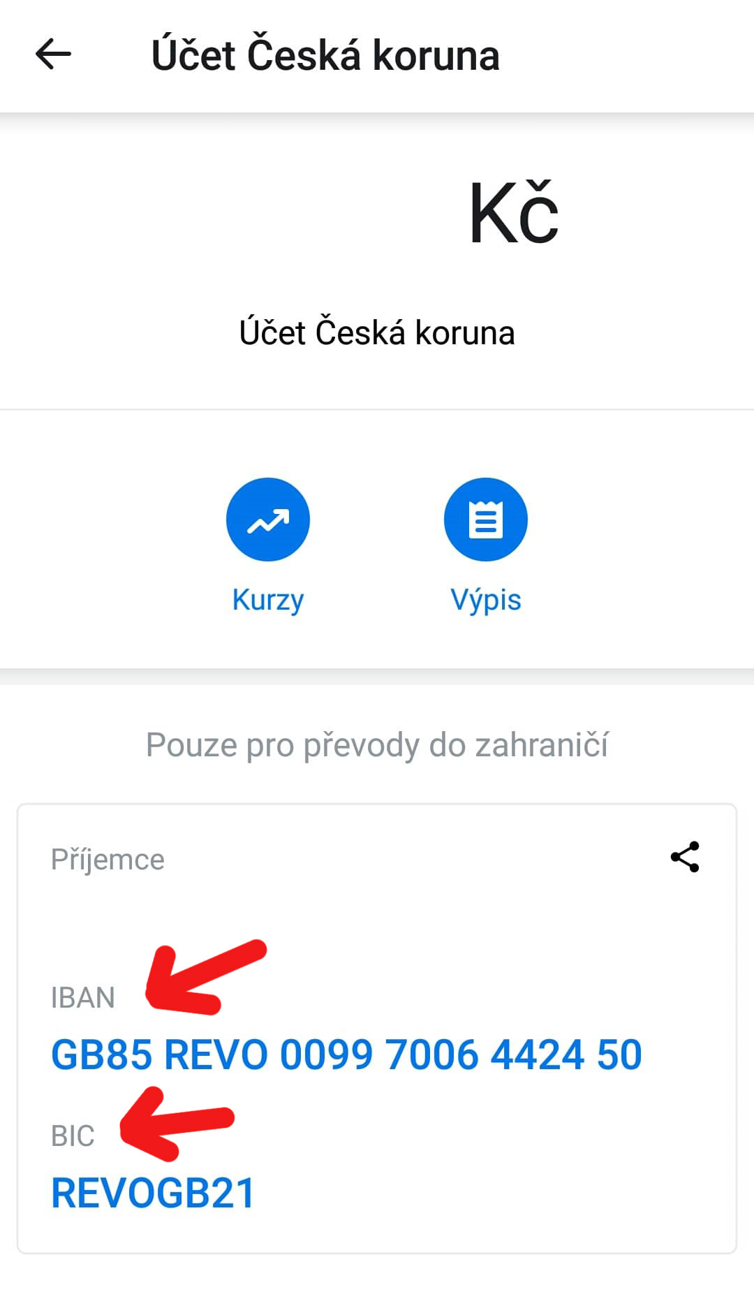 Detail čísel IBAN a BIC v aplikaci Revolut, které se objevily po kliknutí na náš účet v sekci „Řídící panel“.
