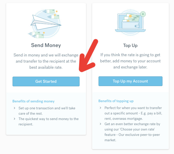 Okénka s možnostmi Send money (poslat peníze) a Top Up (dobít peníze) na webu CurrencyFair. My vybíráme možnost Send Money.