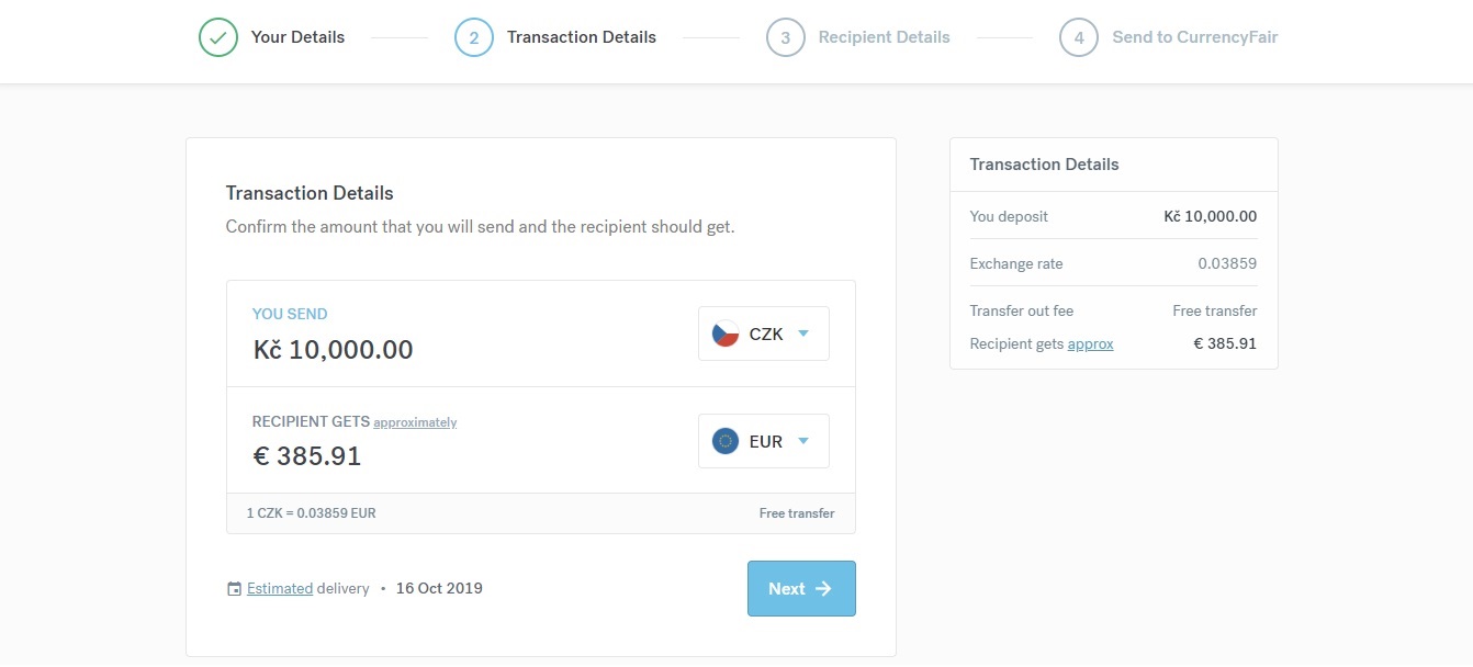 Zadání částky k převodu na webu CurrencyFair. Vybereme si, kolik peněz chceme poslat, a mezi jakými měnami chceme měnit.