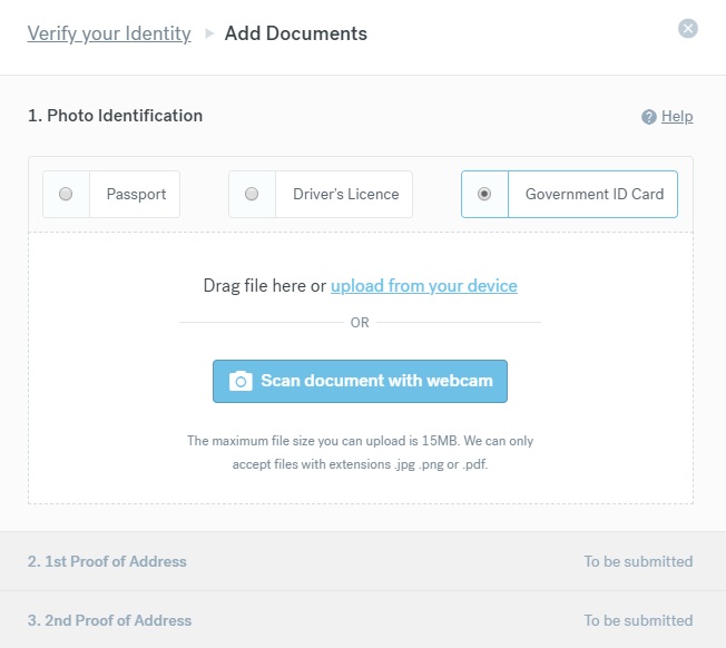 Stránka s ověřením identity na webu CurrencyFair. Můžeme zde nahrát fotku našeho pasu, řidičáku nebo občanky.