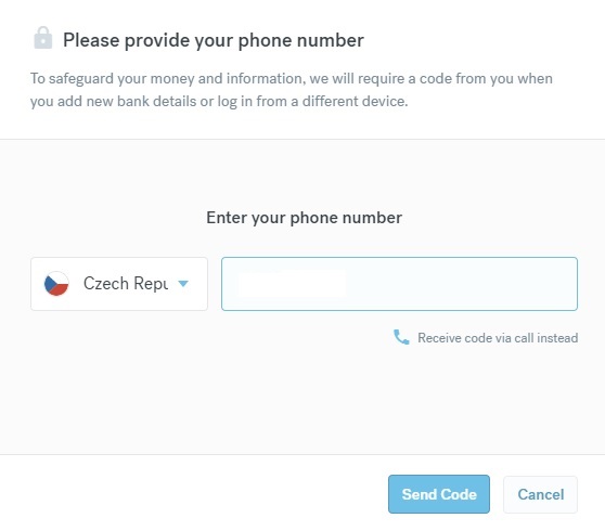 Stránka na webu CurrencyFair, do které zadáváme naše telefonní číslo, na které nám následně přijde potvrzovací SMS.