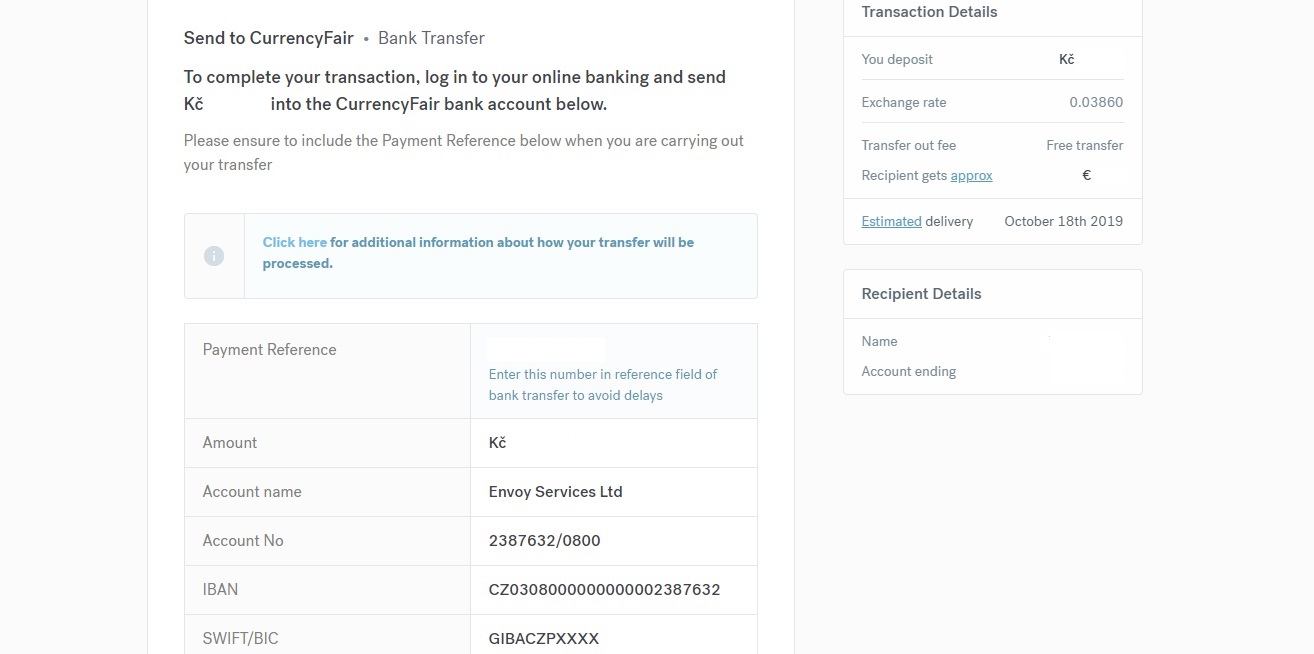 Stránka CurrencyFair s údaji, které nám říkají, kam poslat peníze (mezi údaji je například IBAN, SWIFT či jméno účtu).