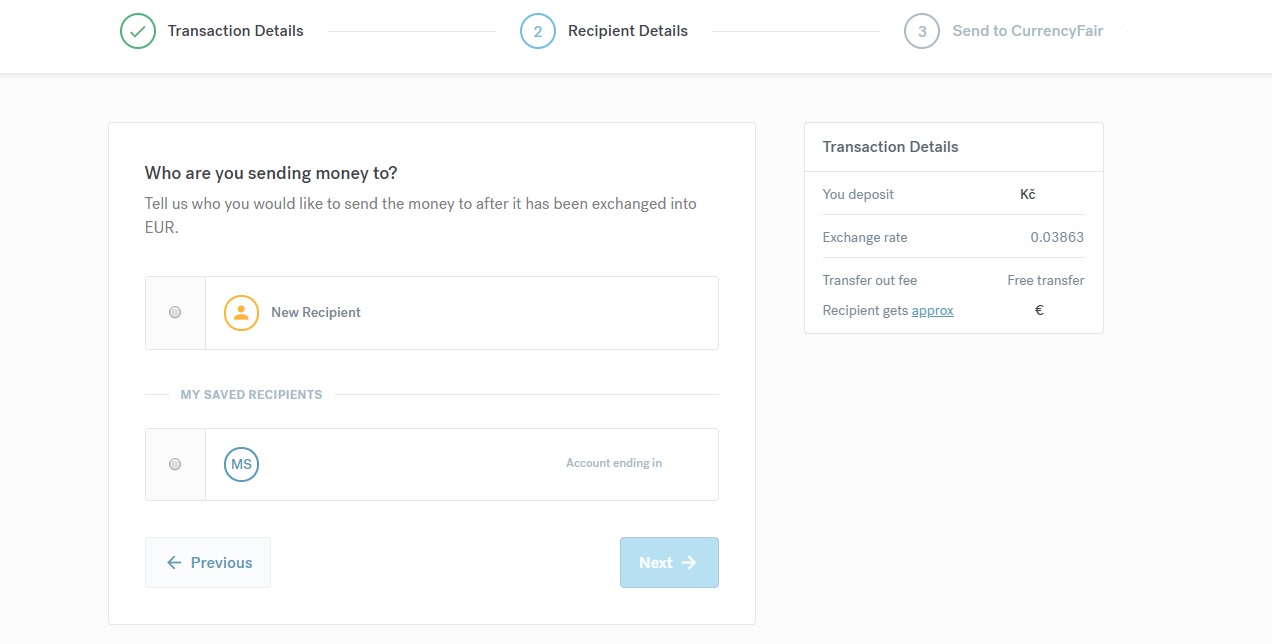 Vybírání příjemce na webu CurrencyFair. Buď můžeme vybrat nového příjemce, a nebo někoho, komu jsme již peníze poslali.