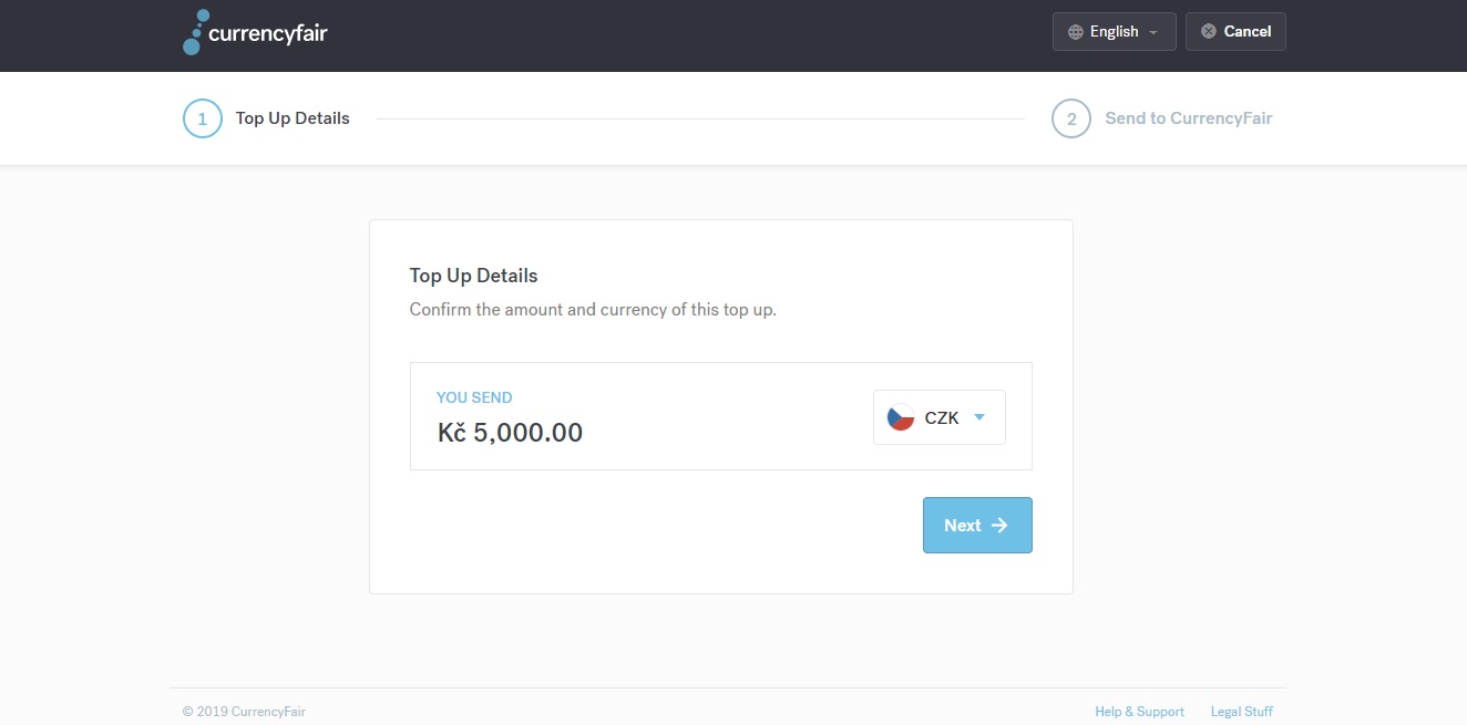 Sekce Top Up na webu CurrencyFair, ve které můžeme dobít peníze na náš CurrencyFair účet a později je směnit.