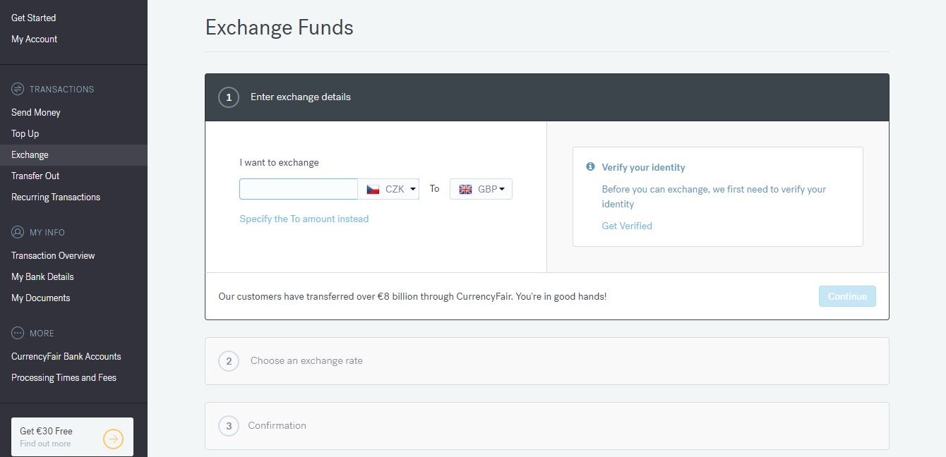 Sekce Exchange na webu CurrencyFair, ve které můžeme směnit peníze z CurrencyFair účtu na měnu, jakou si vybereme.