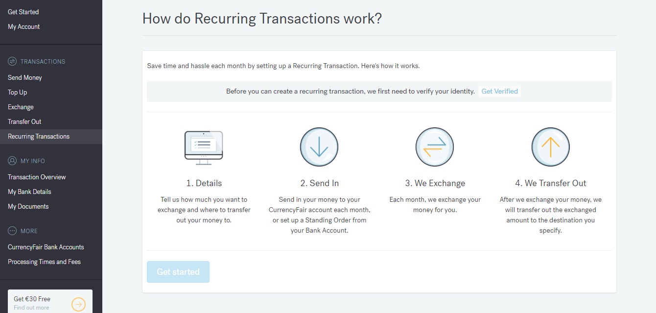 Sekce Recurring Transactions na webu CurrencyFair, ve které můžeme nastavit opakovanou měsíční platbu.