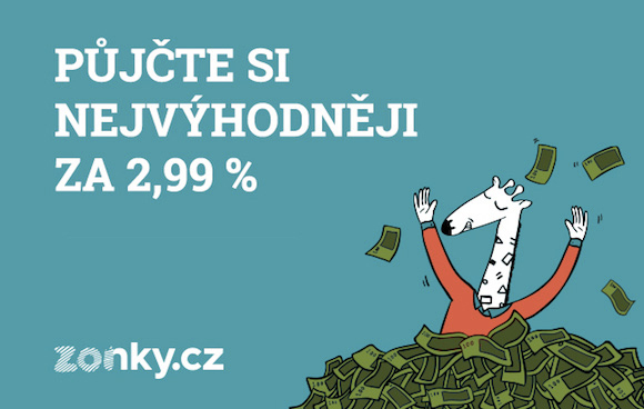 Reklamní obrázek Zonky, na kterém je žirafa, která se koupe v penězích a text "půjčte si nejvýhodněji za 2,99 %".