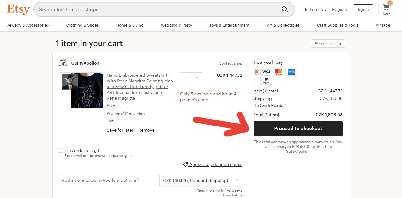 Stránka na obchodu Etsy, na které můžeme kliknout na tlačítko "Proceed to checkout" a tím vyřídit naši objednávku.
