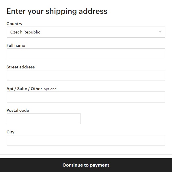 Webová stránka obchodu Etsy, na které zadáváme naše jméno a adresu, na které nám obchodník pošle zboží.