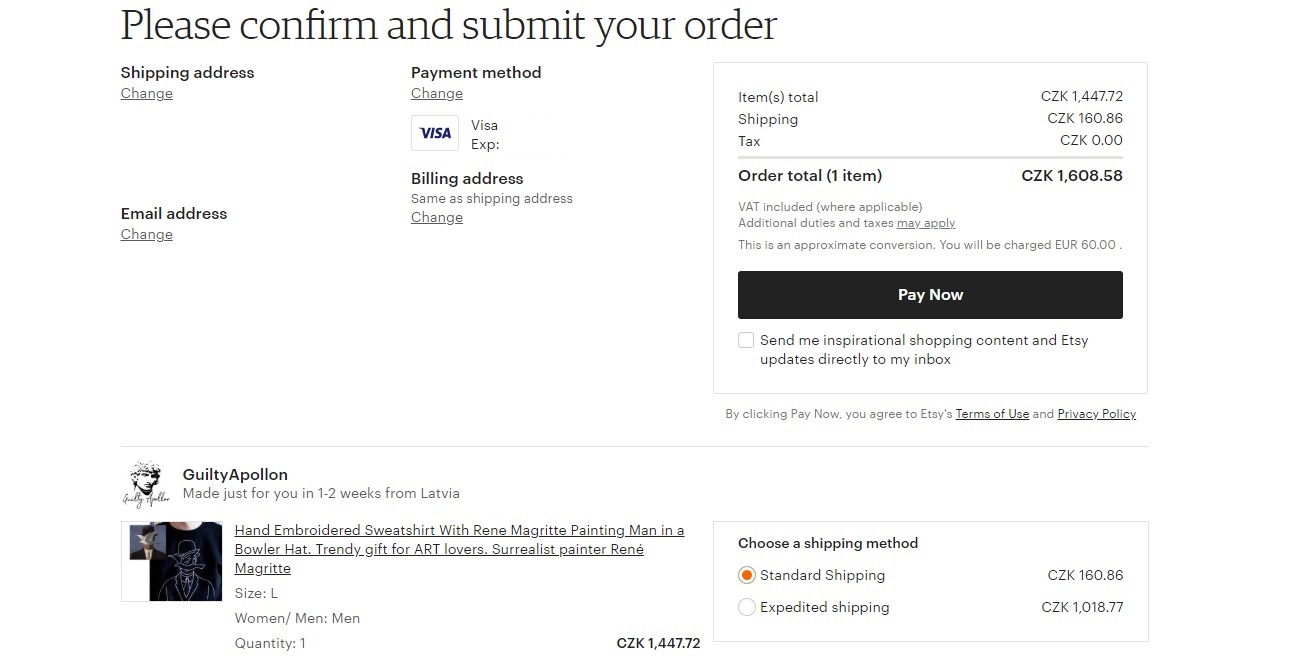 Webová stránka obchodu Etsy, na které finálně a závazně potvrzujeme naši objednávku.