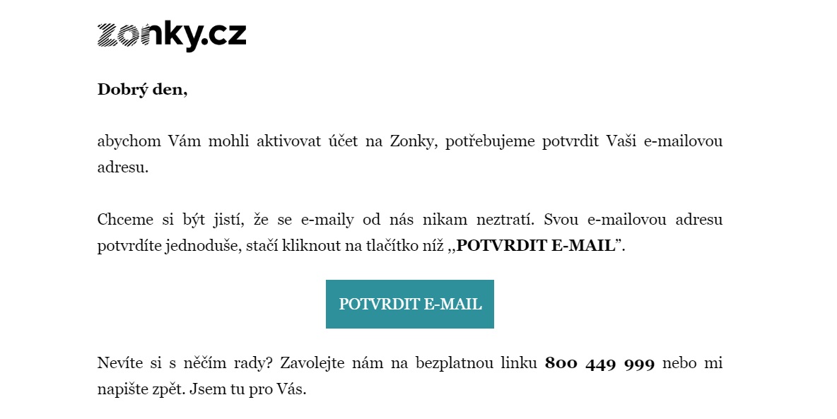Email od společnosti Zonky s tlačítkem "POTVRDIT E-MAIL". Kliknutím na něj potvrdíme naši emailovou adresu.