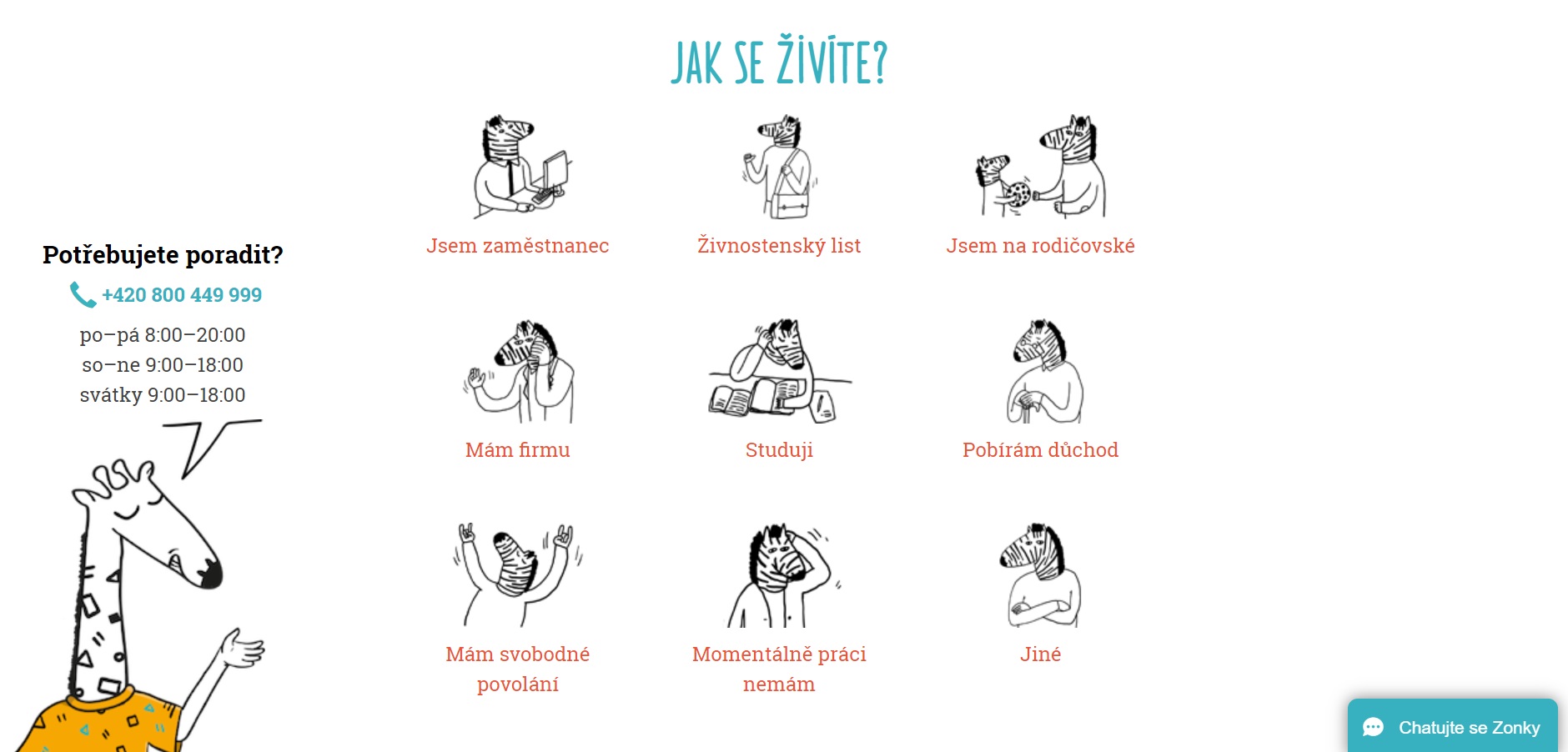 Formulář s žádostí o půjčku na webu Zonky - v tomto kroku sdělujeme, čím se živíme (na výběr je zaměstnanec, OSVČ a další).