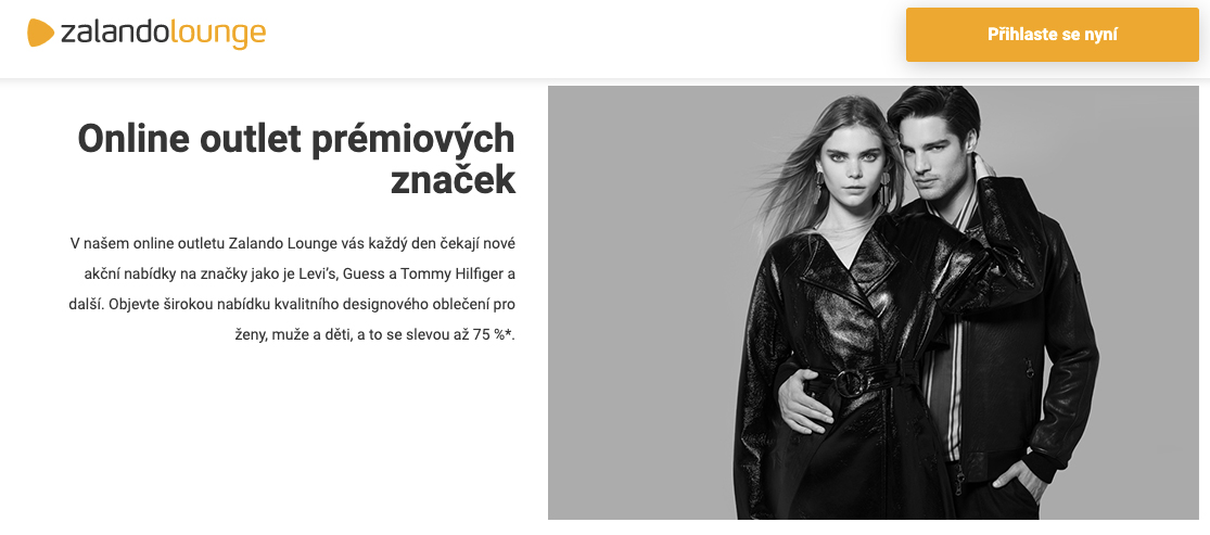 Elegantní webové stránky Zalando Lounge. Jedná se o prémiový online nákupní klub se slevami až 75 % na vybrané značky.