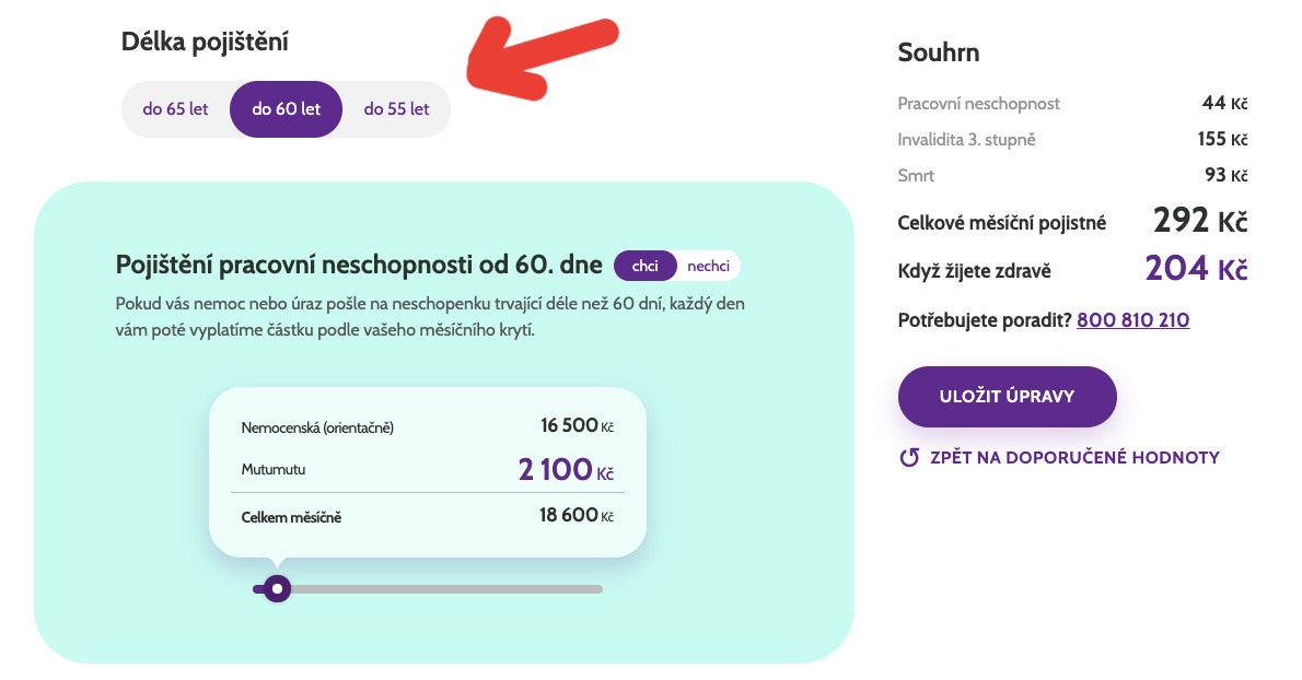 Formulář na webu Mutumutu, kde si nastavujeme parametry pojištění. Také si můžeme zvolit, do kolika let se chceme pojistit.