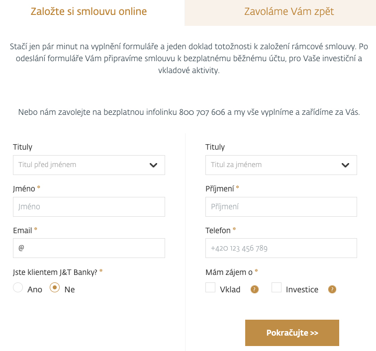 Internetový formulář J&T Banky, přes který je možné otevřít si u banky účet a začít investovat.