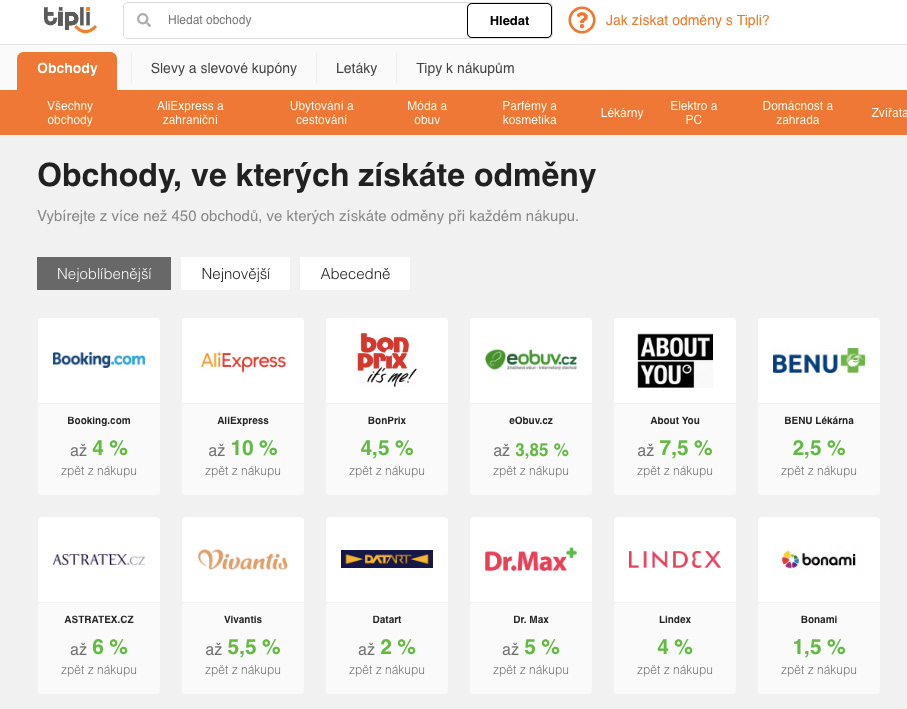 Nejoblíbenější obchody, na kterých můžete nakupovat přes Tipli.cz. Nechybí AliExpress, Datart nebo lékárna BENU.