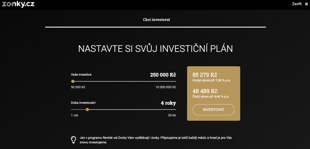 Tabulka na webu služby Zonky Rentiér, ve které si můžeme nastavit výši investice a délku investičního horizontu.